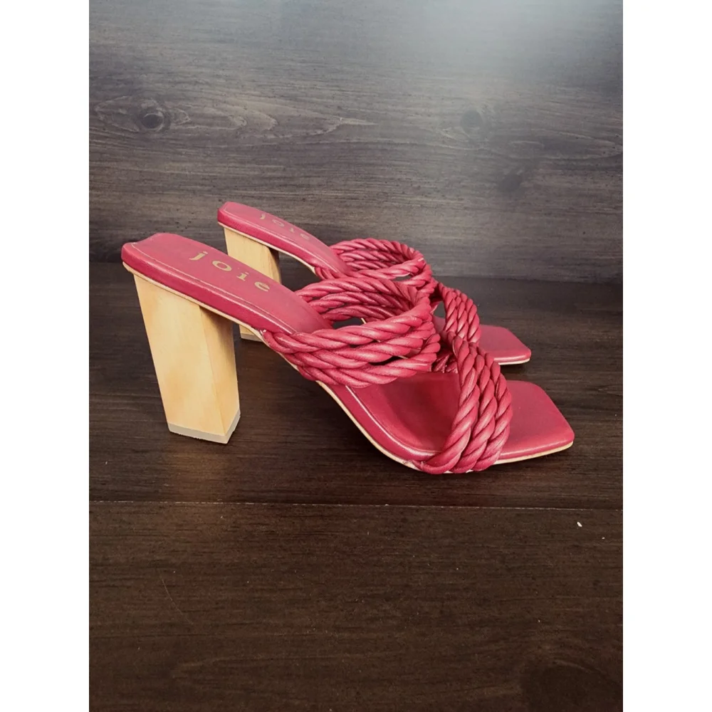 JOIE Giulianna LEATHER Braided Strappy Mule Wood Block Heel Sandals 8 M Wine Red - Picture 6 of 16